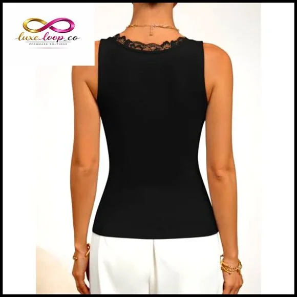 V-Neck Lace Trim Ribbed Knit Tank Top Sleeveless Casual Chic Summer - Picture 5 of 7